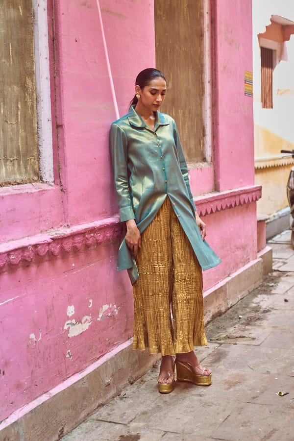 Gold Metallic Crushed Flared Trousers — Dash and Dot