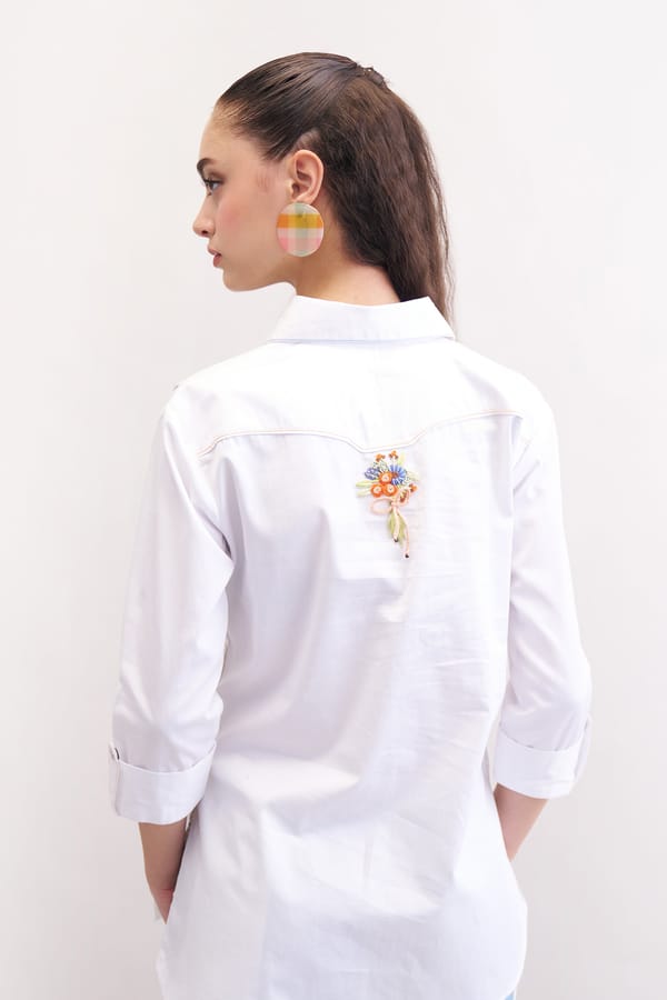 White Cotton Satin Relaxed Fit Shirt with Back Applique — Our Love