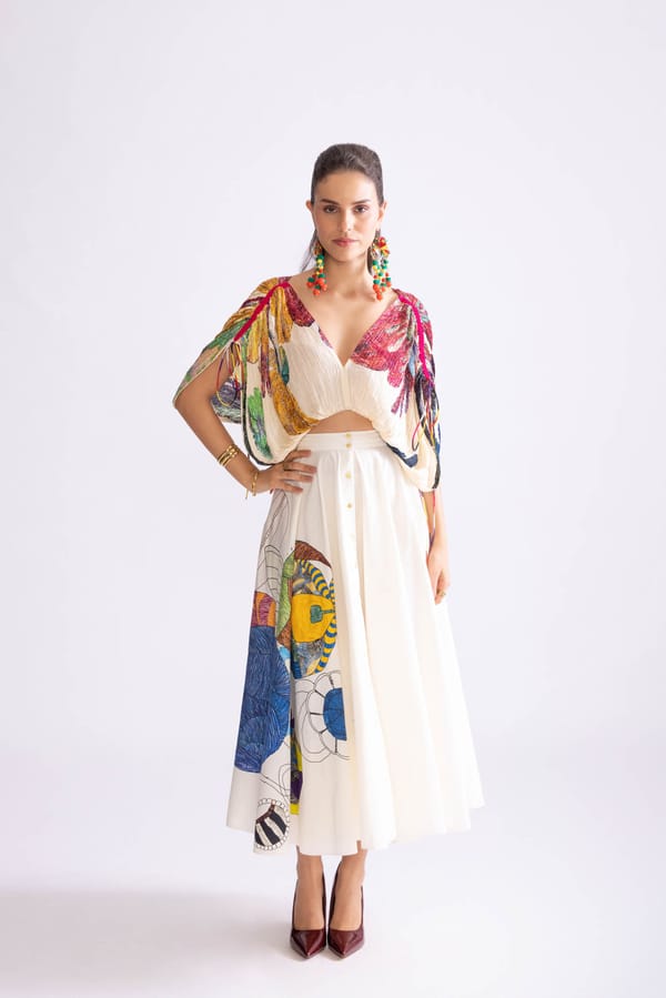 Ivory/Multi Daisy Print Kaftan Blouse with Drawstring — Saaksha and Kinni