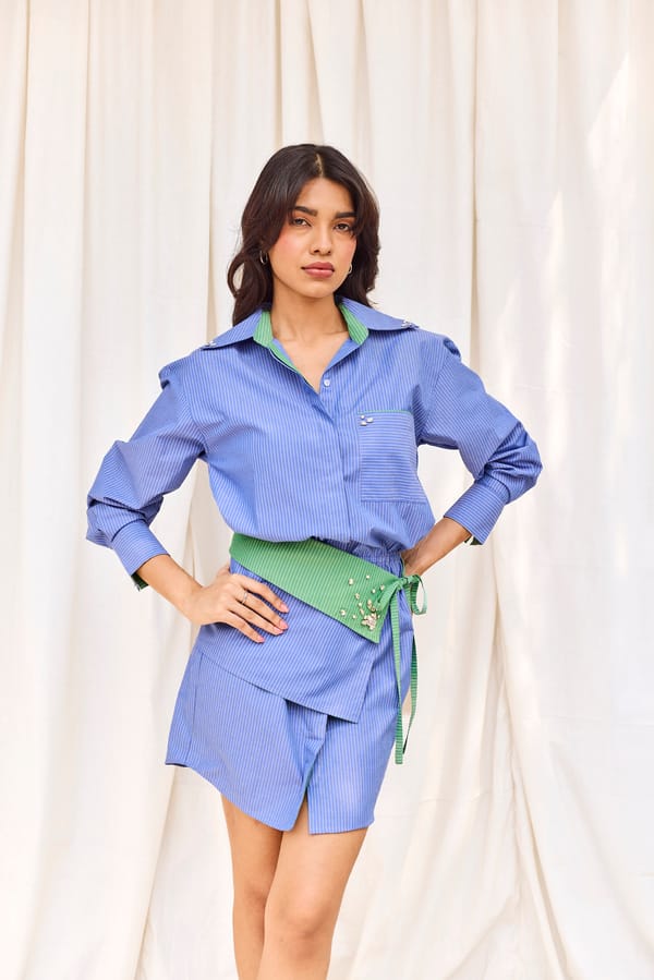 Blue Striped Hand Embroidered Short Dress With Belt — Urban Suburban