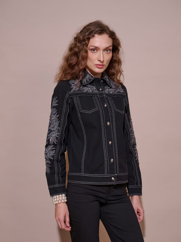 Black Cotton Twill Embroidered Button-Front Jacket — Style Island