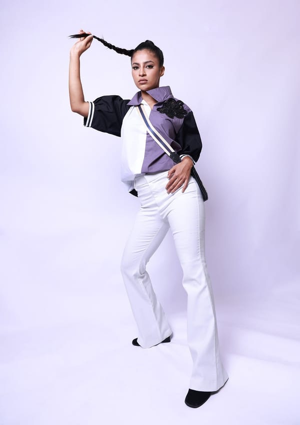 Black, White & Lilac Cotton Shirt with Cutwork Embroidery — Richa Goenka