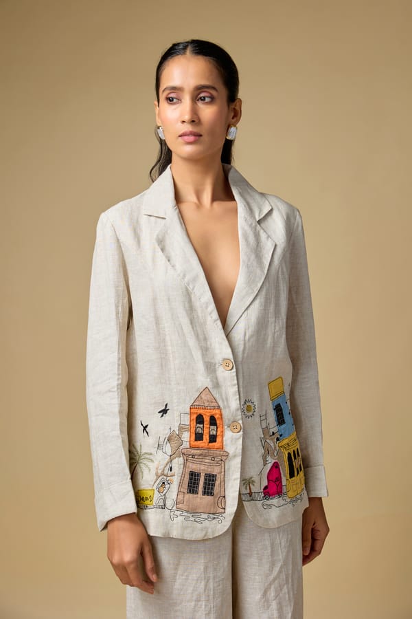 Beige Linen Blazer with Illustrated Placement Artwork — Linen Bloom