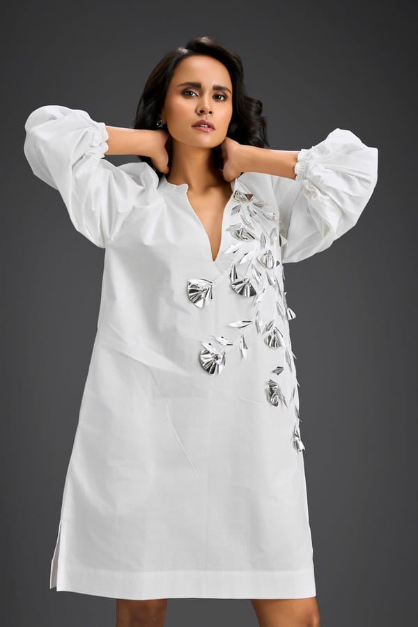 White Metallic Floral Embroidered Dress — Deepika Arora