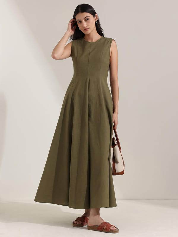 Olive Linen Blend Fit and Flare Maxi Dress — Pink Fort