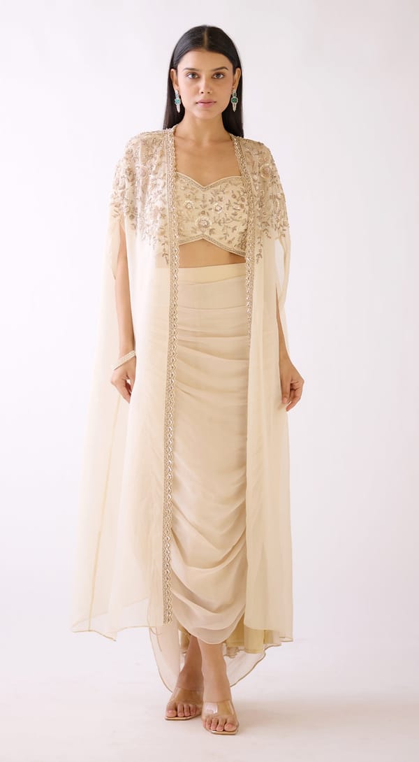 Ivory Embroidered Cape Co-ord Set with Draped Maxi Skirt — Basanti Kapde aur Koffee