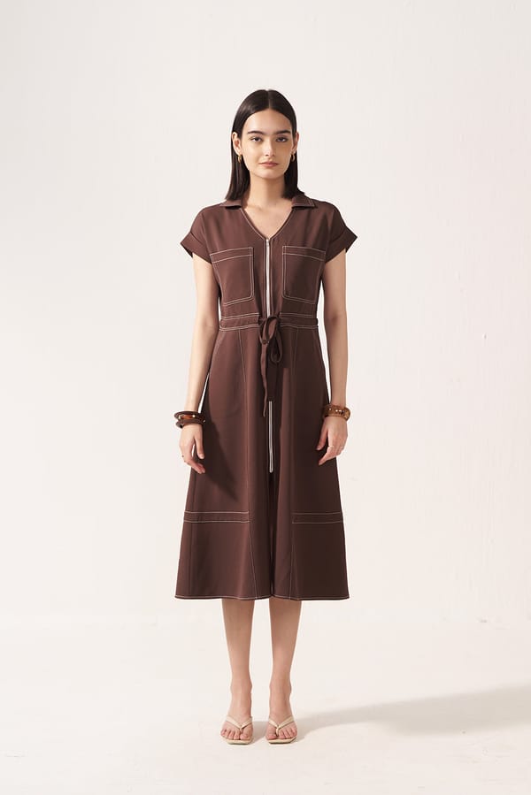 Dark Brown Zip-Front Belted Midi Dress — Muvazo