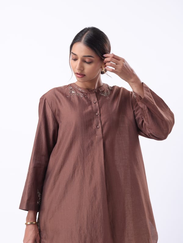Brown Hand Embroidered Dual Fabric High-Low Tunic — Subtle Shuttle Studio