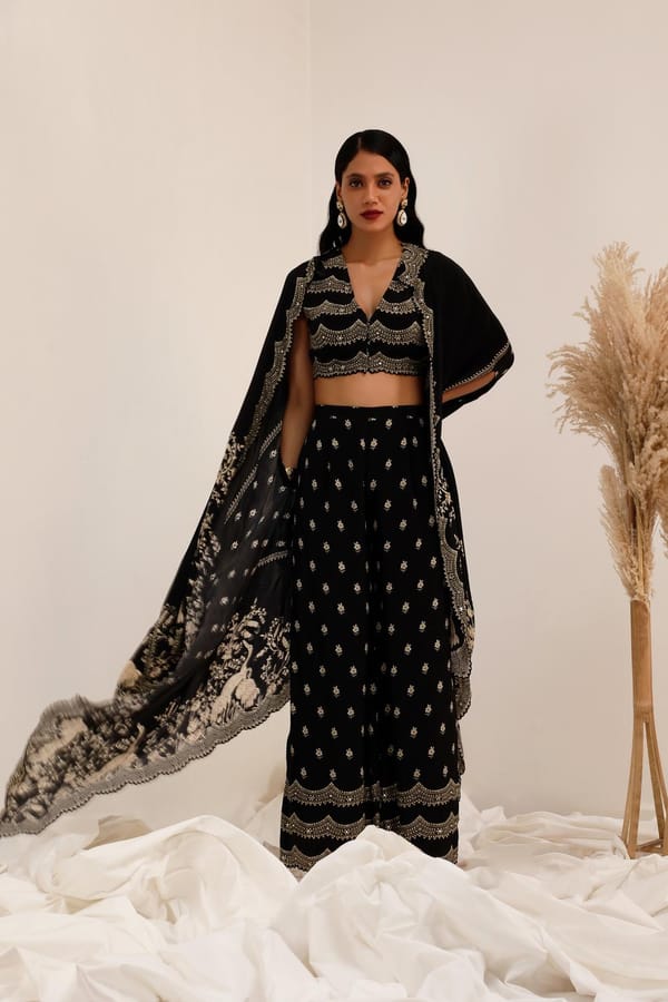 Black Crepe Cape, Crop Blouse and Palazzo Co-ord Set — Surkh Syahi