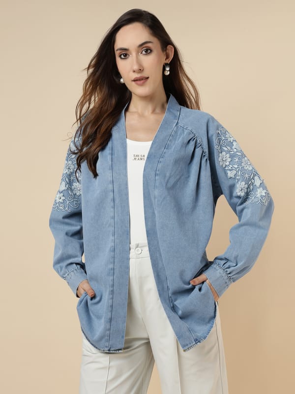 Light Blue Denim-Look Embroidered Longline Jacket — MISS ALLOS
