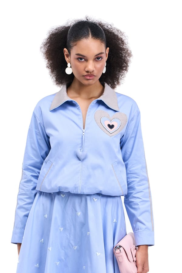 Periwinkle Cotton Twill Bomber Jacket with Heart Applique — Our Love