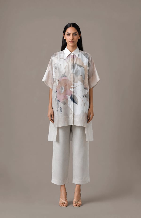 White/Beige Abstract Longline Shirt and Pant Co-ord Set — CLOS