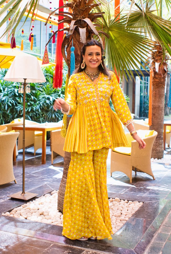 Yellow Bandhani Print Peplum Kurta and Sharara Set — BUMBLEBEE