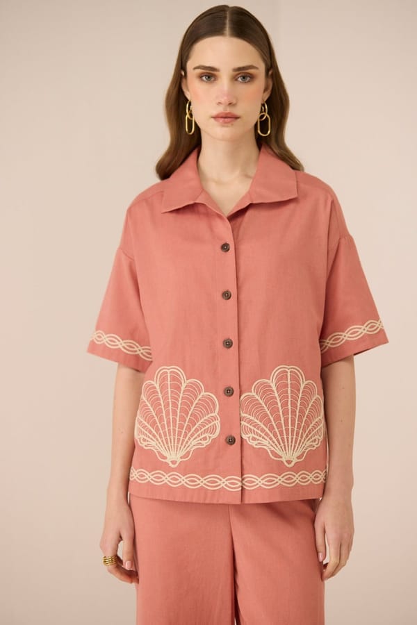 Coral Pink Cotton Linen Oversized Embroidered Shirt — Calling June