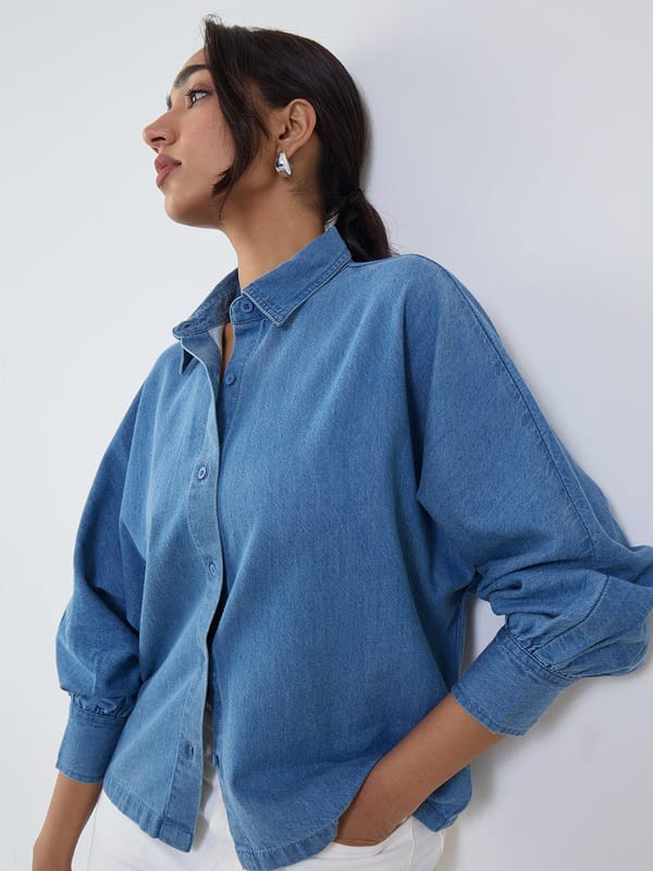 DenimClassic Mid Blue Kimono Sleeves Shirt — Femmella