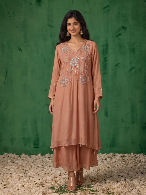 Peach Roselle Embellished Co-ord Set — ODRA