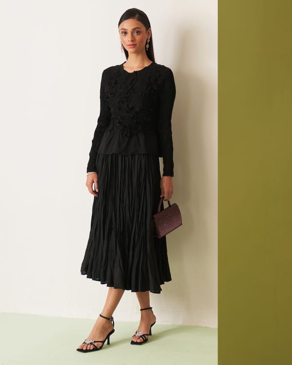 Black Applique Top and Pleated Midi Skirt Co-ord Set — Pleats by Aruni