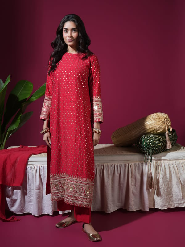 Red Sequence Long Kurta Set — KOMAL SHAH