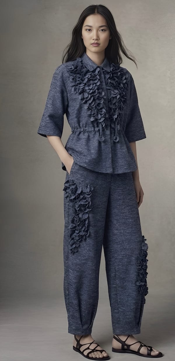 Denim Blue Wide-Leg Trousers with Tonal 3D Appliqué — KIHIKI