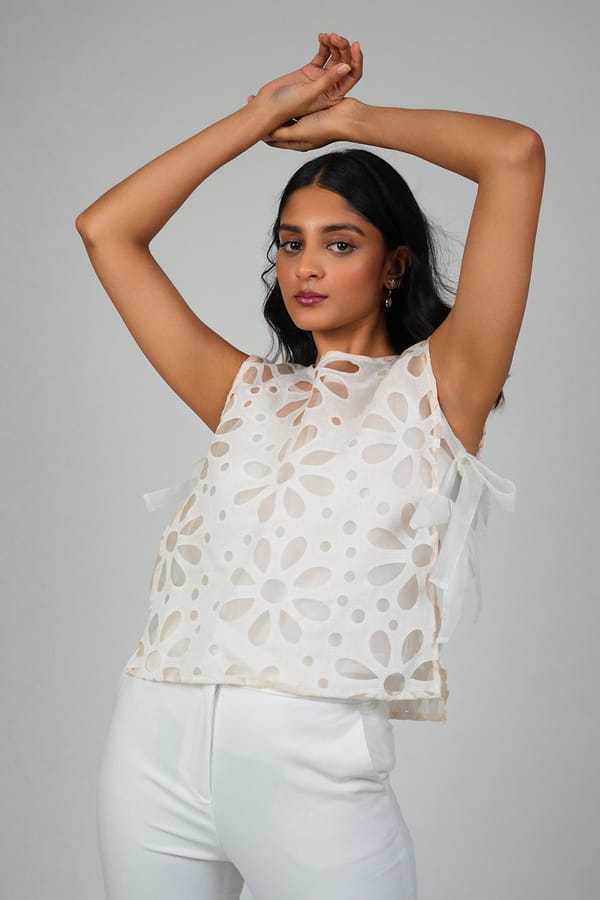 White Floral Cutwork Organza Co-ord Set with Flared Pants — 9899
