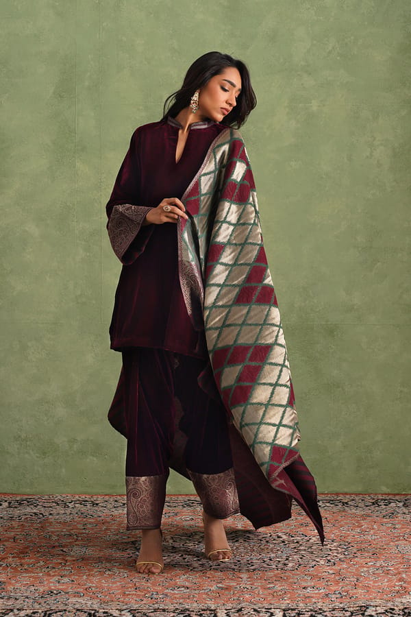 Wine Velvet Straight Kurta Set with Ikkat Woven Dupatta — INCHING INDIA