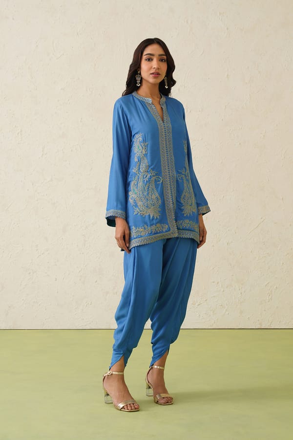 Cobalt Embroidered Top and Dhoti Pant Co-ord Set — INCHING INDIA