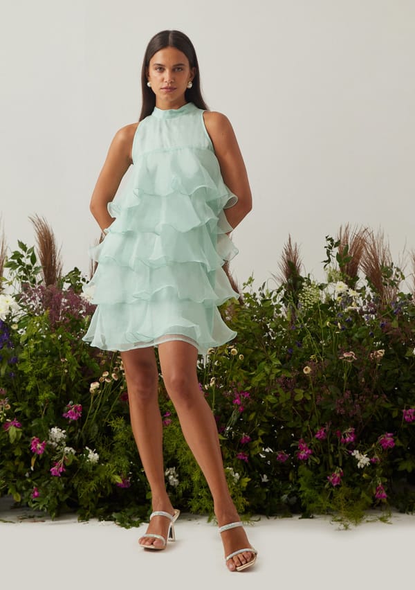 Mint Silk Organza Tiered Ruffle Mini Dress — AMOSHI