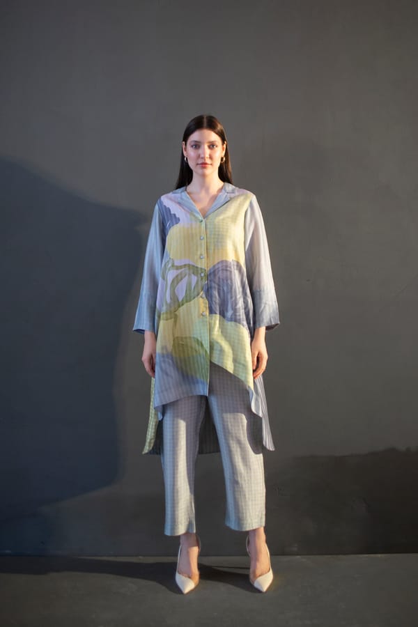 Grey & Yellow High Low Kurta Set — CLOS