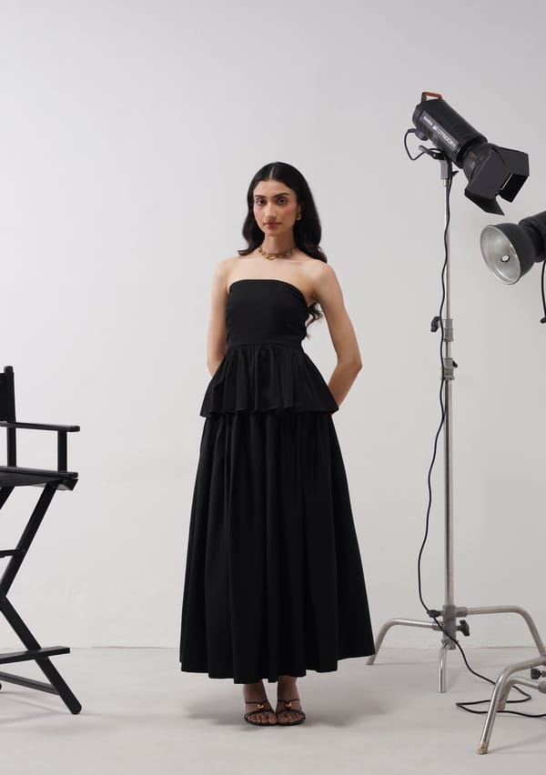 Black Strapless Top and Tiered Maxi Skirt Co-ord Set — AMOSHI