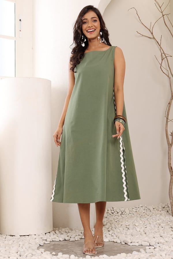 Green Poplin A-Line Midi Tunic Dress with Ricrac Trim — Designs by Queen Bee