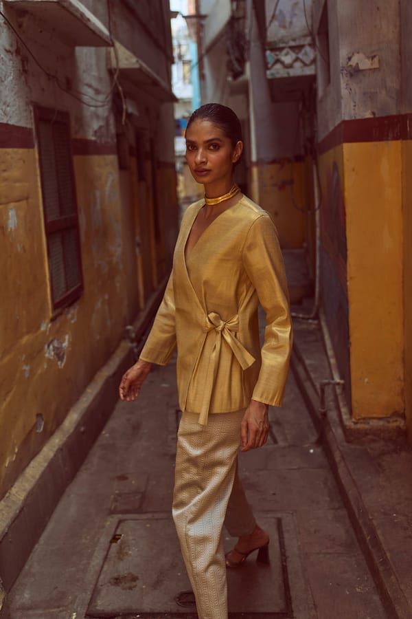 Gold Metallic Wrap Top with Side Tie — Dash and Dot
