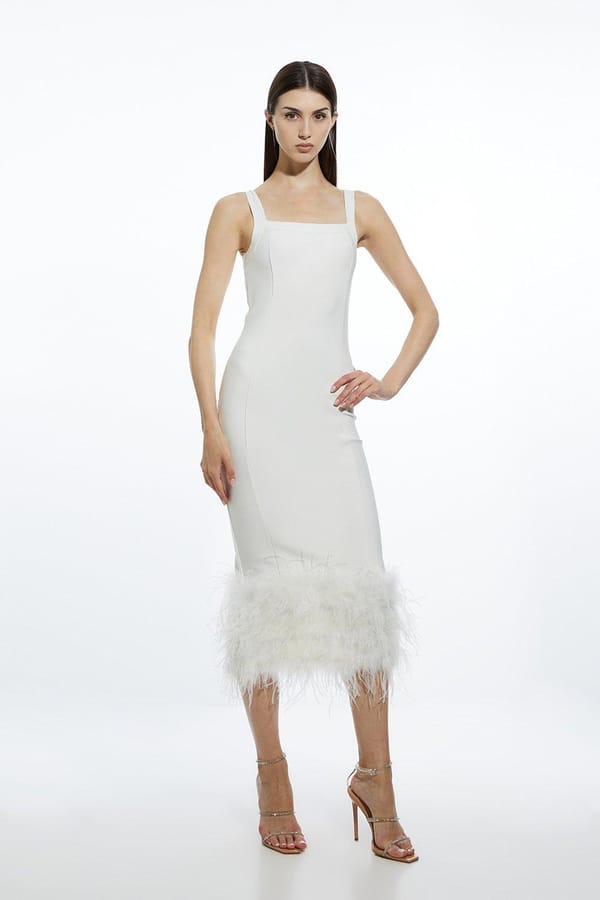 Ivory Bandage Knit Bodycon Midi Dress with Feather Hem — KAREN MILLEN