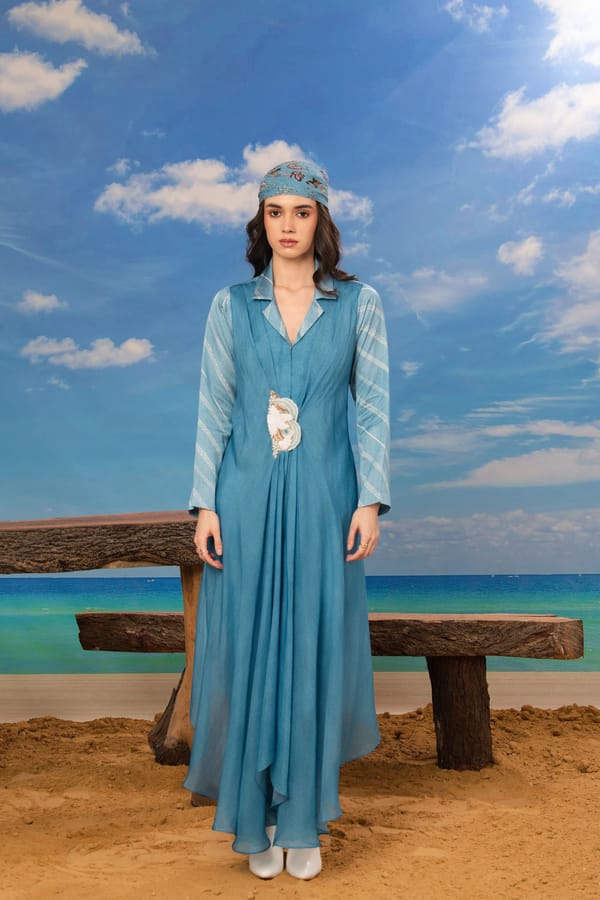 Blue Drape Overlay Co-ord Set with Wide-Leg Pants — ISHA GUPTA TAYAL