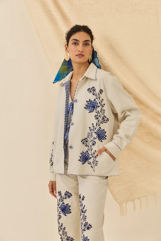 Off-White Denim Jacket with Blue Floral Applique — JODI