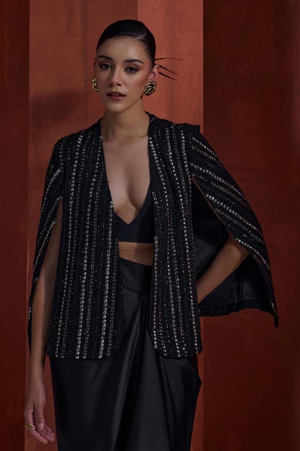Black Sequin-Embellished Open-Front Cape — BOHO-CHIC