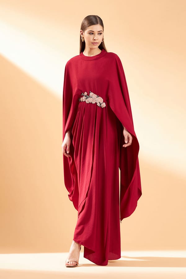 Red Maxi Drape Dress with Cape Sleeves and Sequin Embroidery — Aakaar