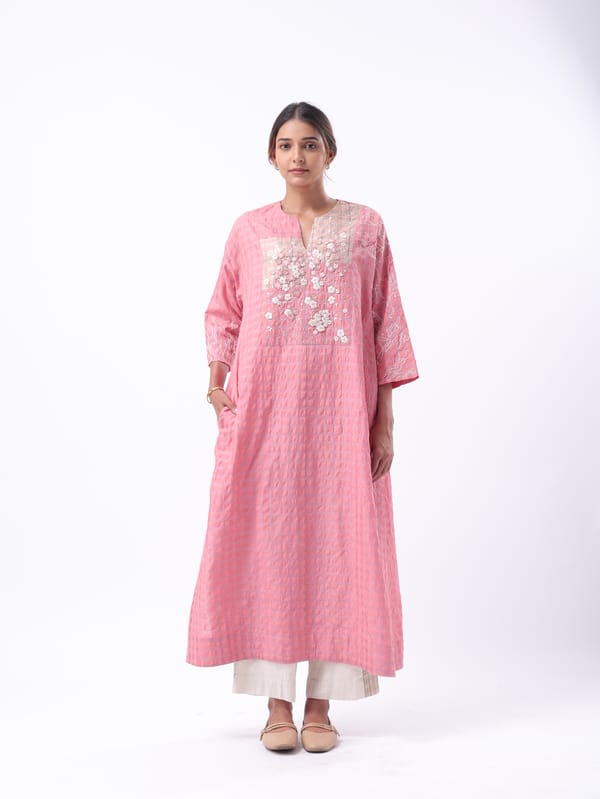 Pink Embroidered Yoke Longline Tunic Top — Subtle Shuttle Studio