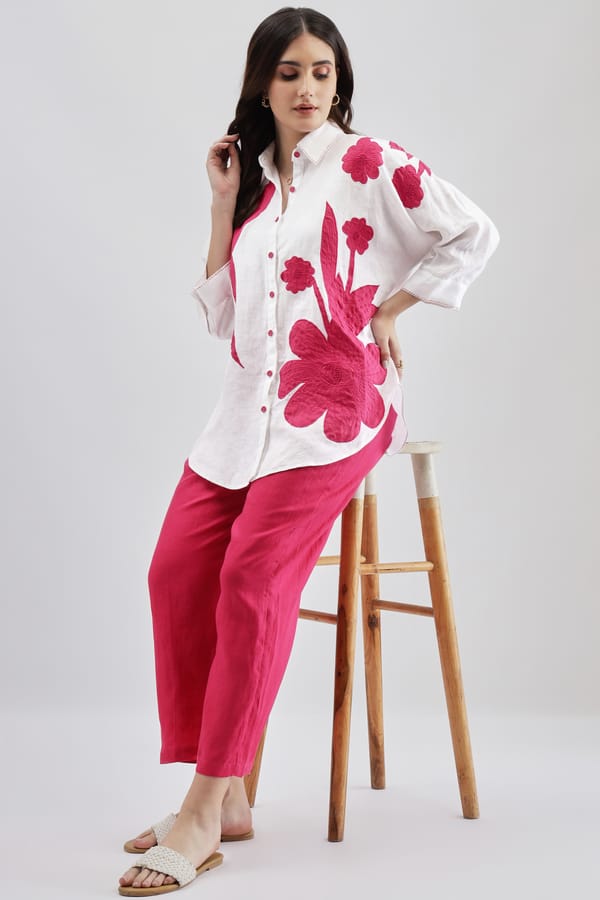 White Linen Shirt with Hot Pink Floral Applique — Linen Bloom