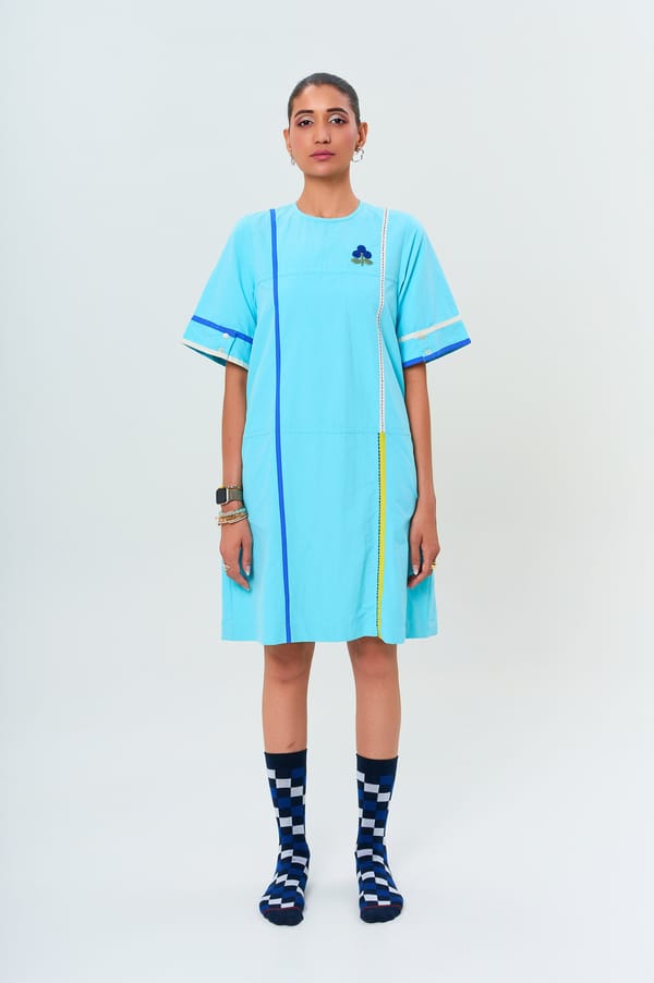 Aqua Blue Cotton Shift Dress with Contrast Stitch Detail — KOR