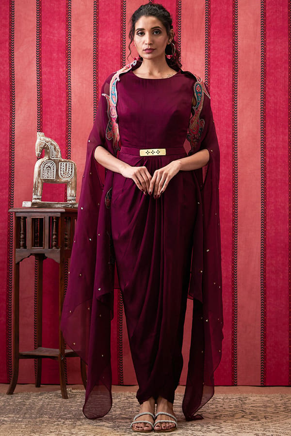 Wine Drape Maxi Dress with Net Cape and Appliqué Border — SOUP by Sougat Paul