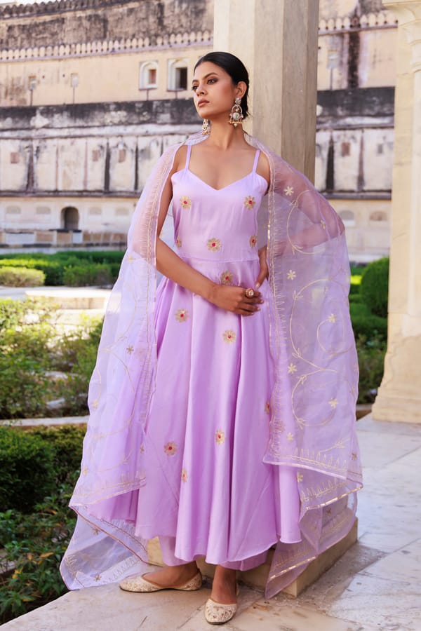 Lavender Aari Strappy Cotton Silk Anarkali Set — Bannhi by Priyanka Rathore