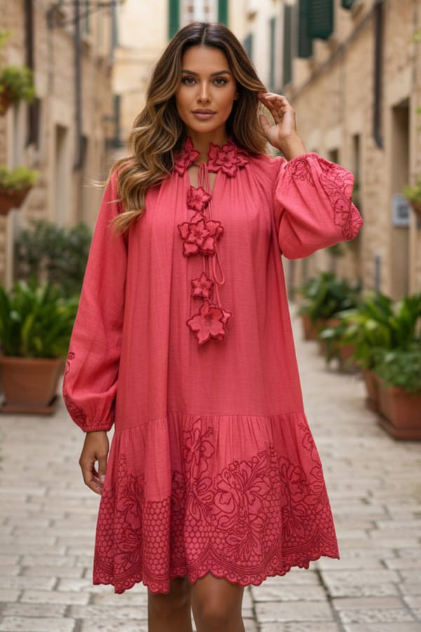 Pink Tiered Knee-Length Dress with Tie-Up Neck — BOHO-CHIC