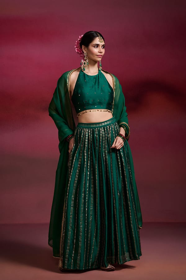 Emerald Green Brocade Lehenga Set With Halter Blouse — Dressfolk