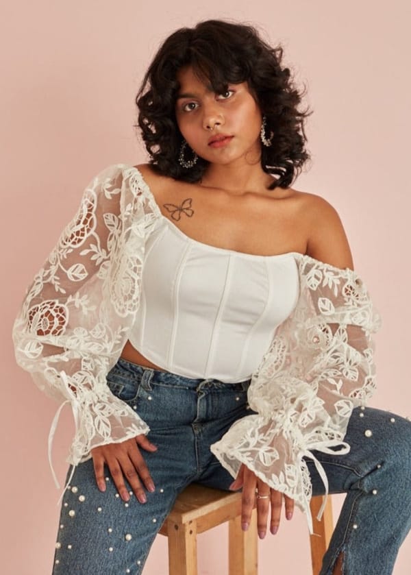 White Corset Top with Embroidered Organza Puff Sleeves — Lea Clothing