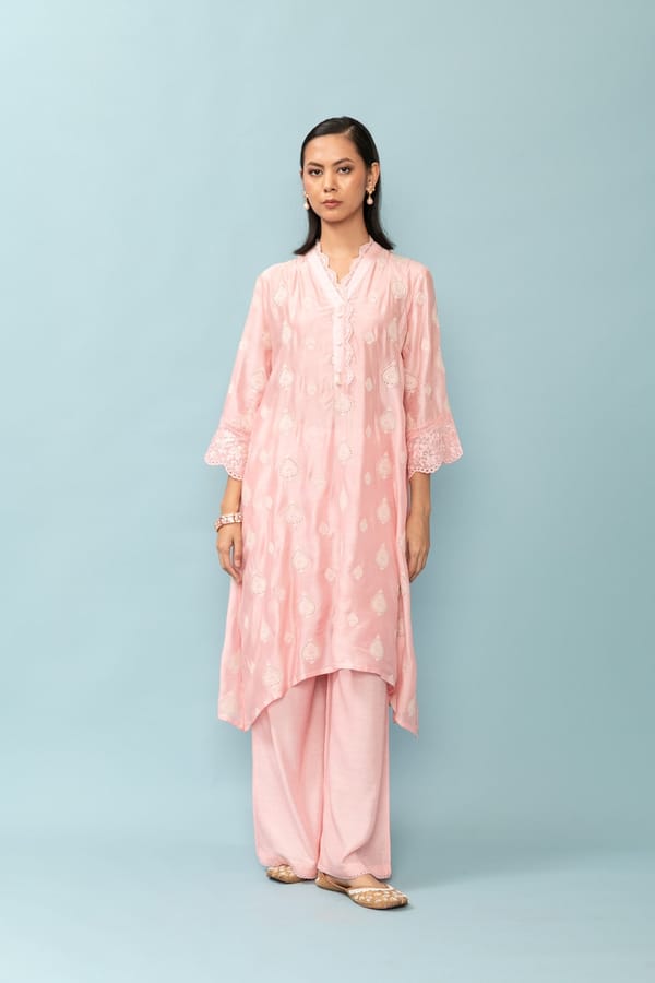 Baby Pink Asymmetric Embroidered Kurta Set — LABEL NAARITI