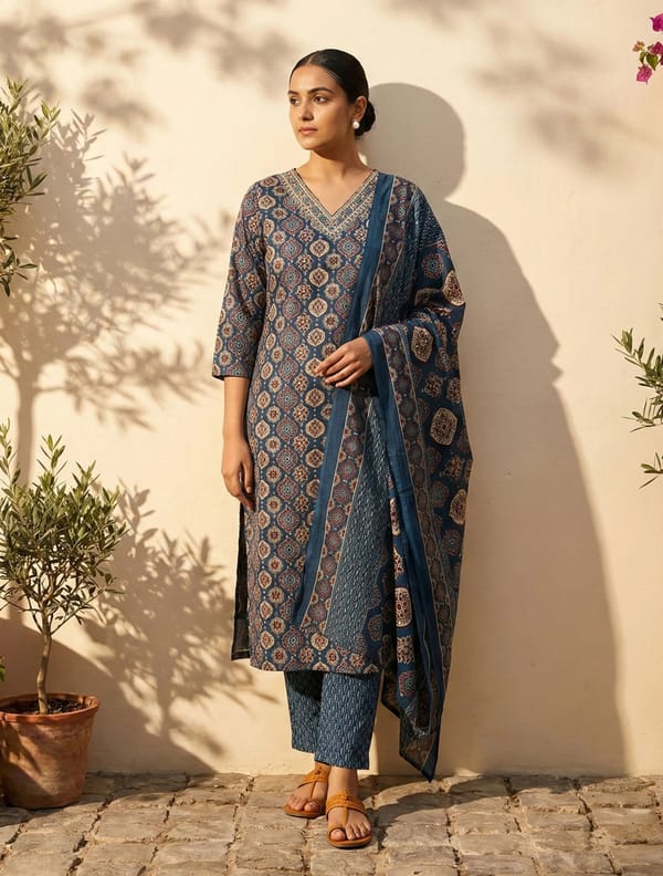 Print Embroidered V-Neck Kurta Pant Dupatta Set — Truebrowns