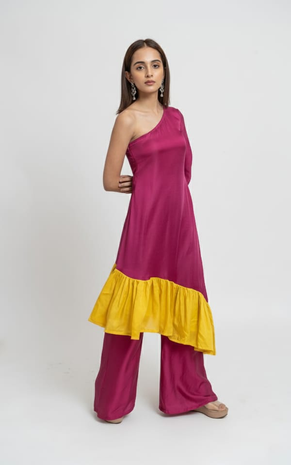 Wine Yellow One-Shoulder Tunic and Pants Co-ord Set — Neora