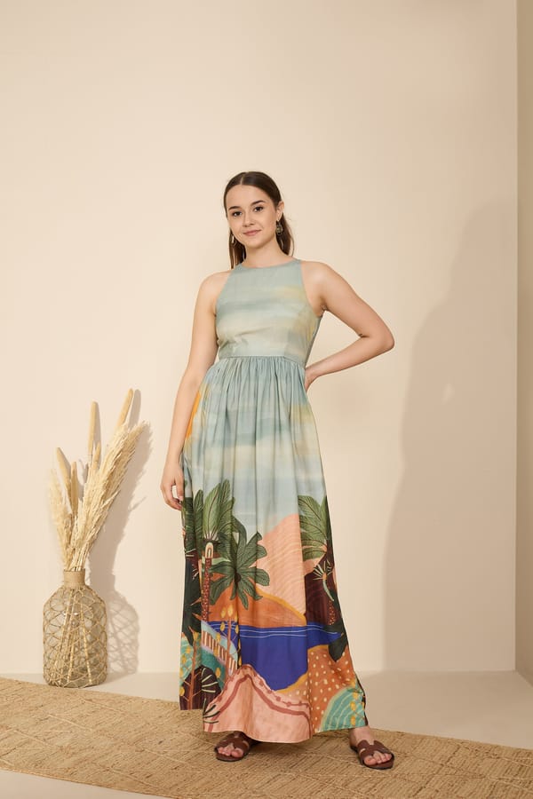 Green Tropical Landscape Print Fit and Flare Maxi Dress — GAIMA LABEL