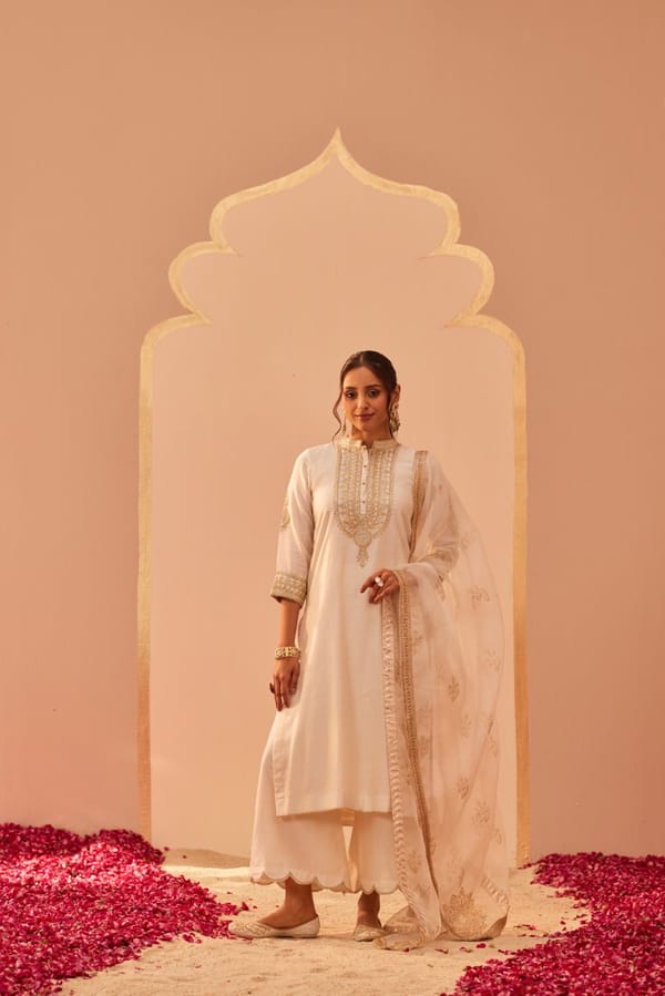 Daisy Ivory Block Print Kurta Set with Palazzo and Dupatta — Sheetal Batra