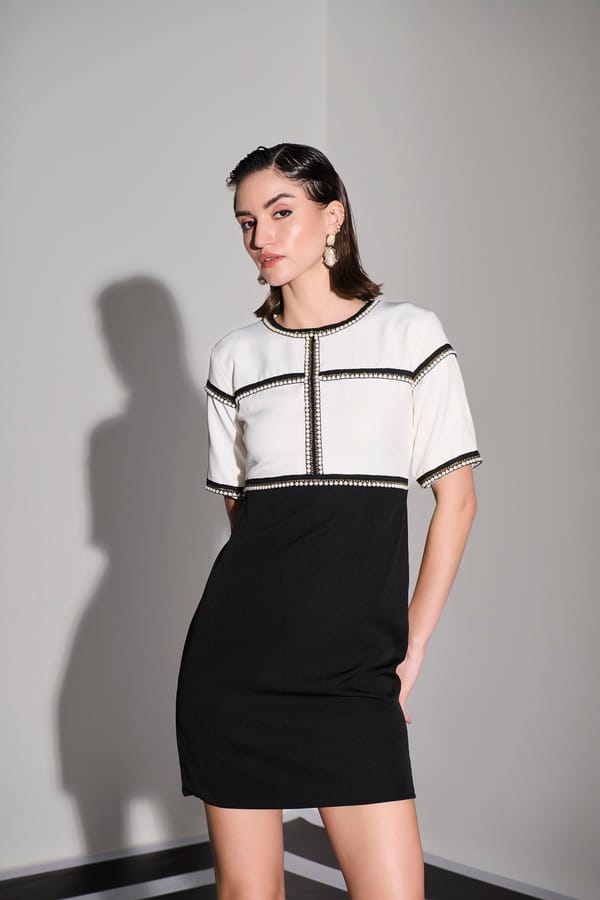 Ivory/Black Pearl-Trim Colorblock Mini Dress — Label IRIS